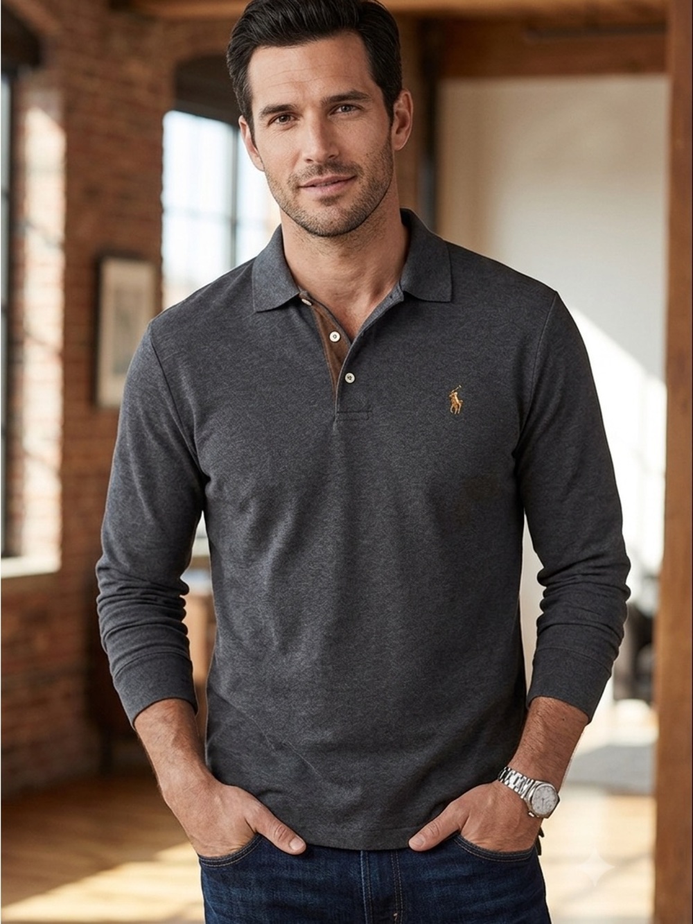 Polo by Ralph Lauren Long-Sleeve Polo - Charcoal with Gold Logo